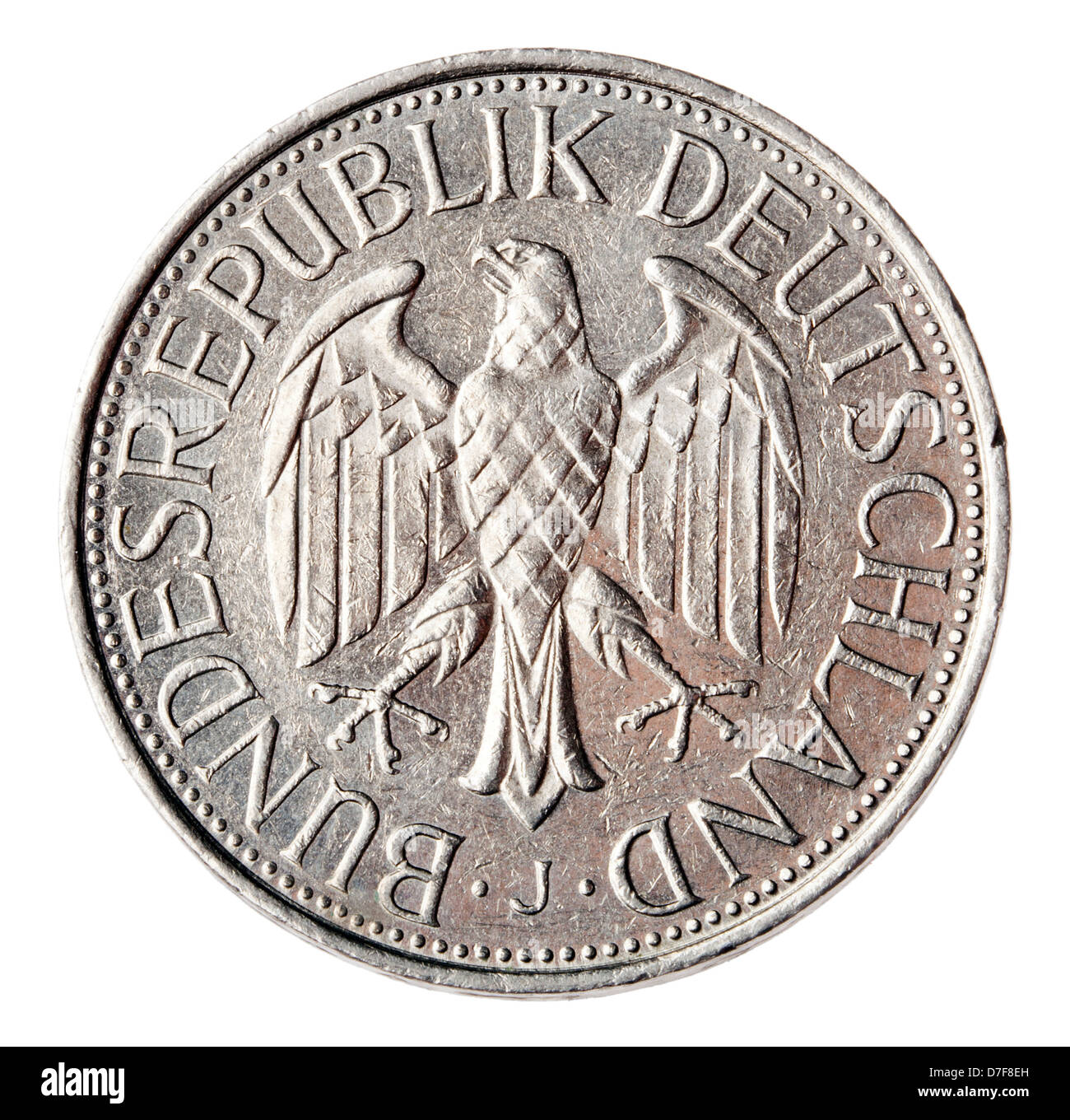 Frontal view reverse (tails) side a 1 Deutsche Mark (DM) coin minted in 1989. Depicted is German coat arms - German eagle. Stock Photo