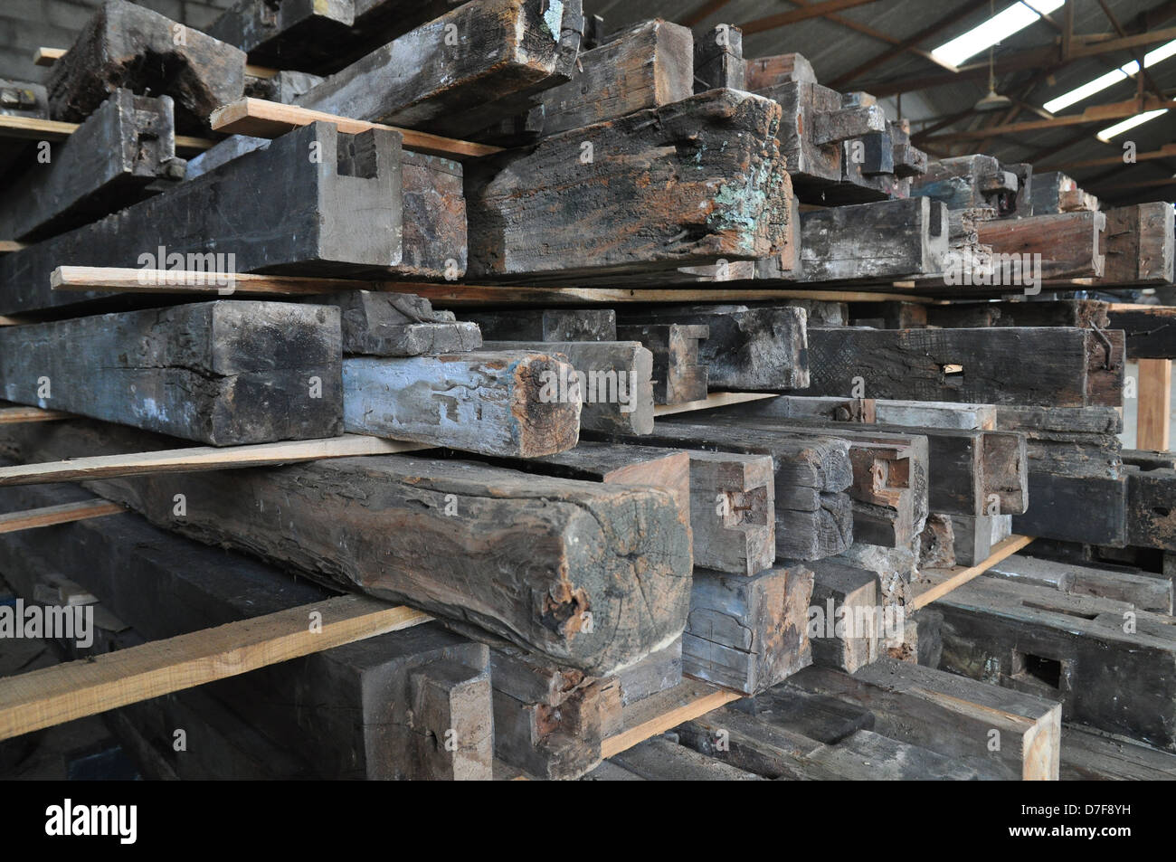 Teak Woods stack from house demolition Stock Photo