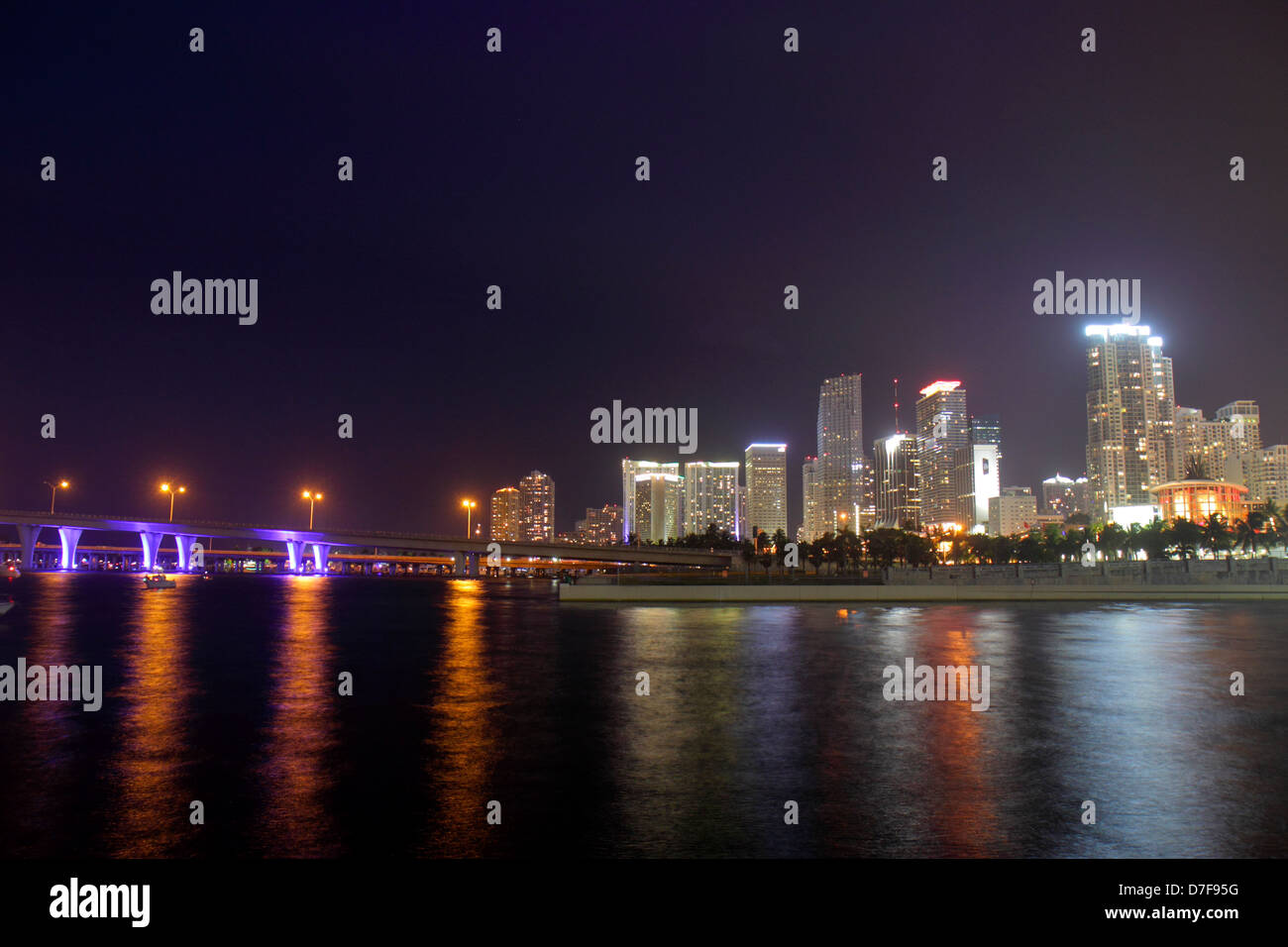 Miami Florida,Government Cut,Biscayne Bay,water,night,downtown city skyline,Port Boulevard Bridge,FL120708089 Stock Photo