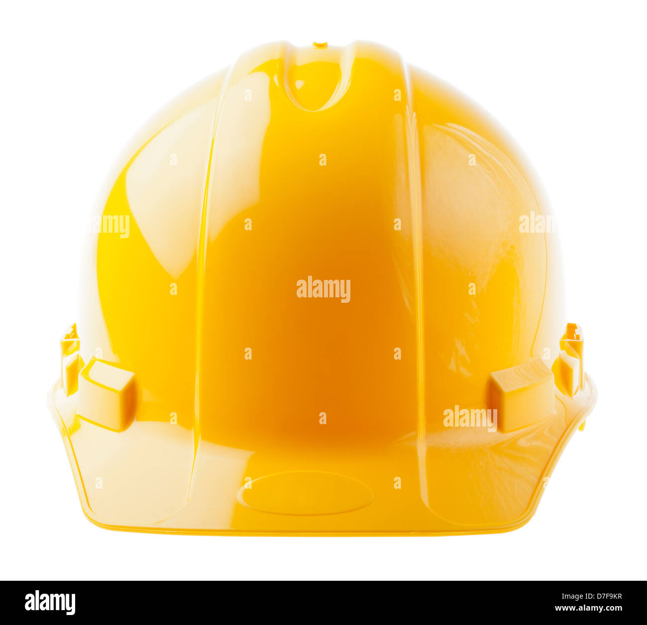 Frontal view of a yellow hard hat, isolated on white background. Stock Photo