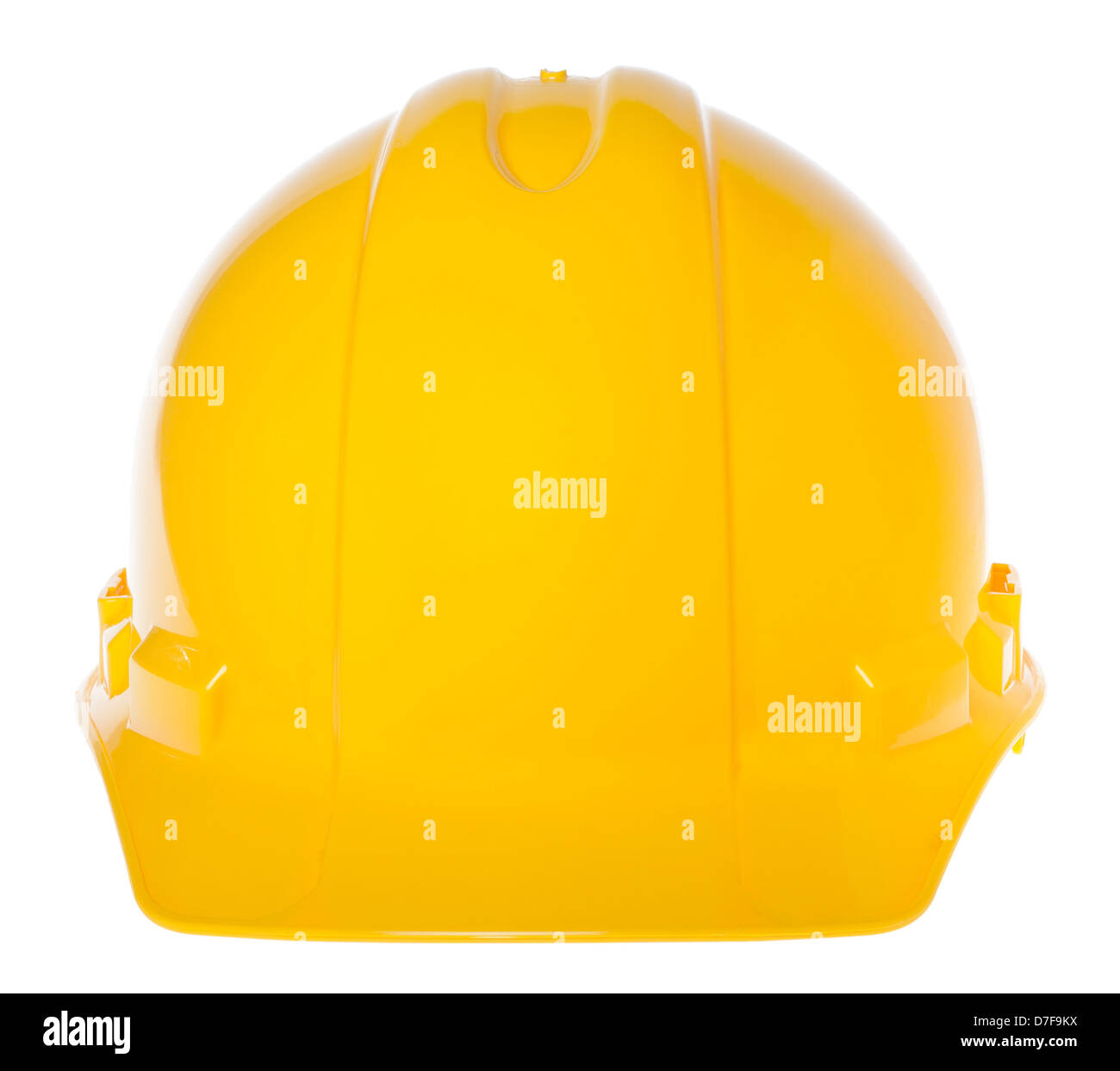 Frontal view of a yellow hard hat, isolated on white background. Stock Photo