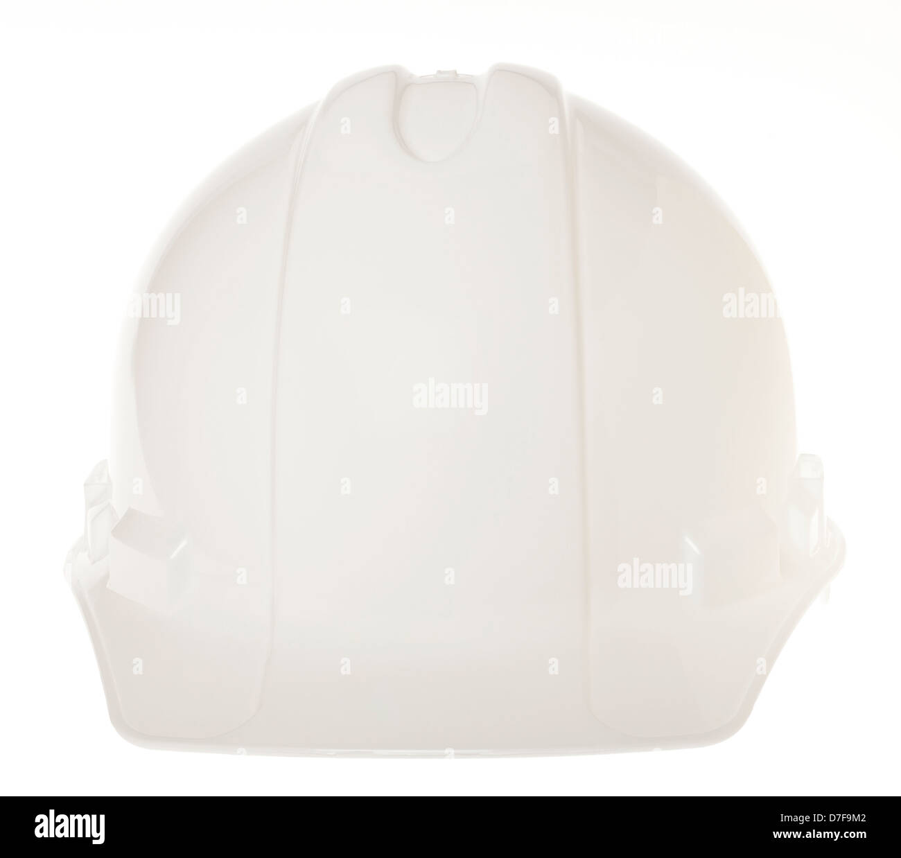Frontal view of a white hard hat, isolated on white background. Stock Photo