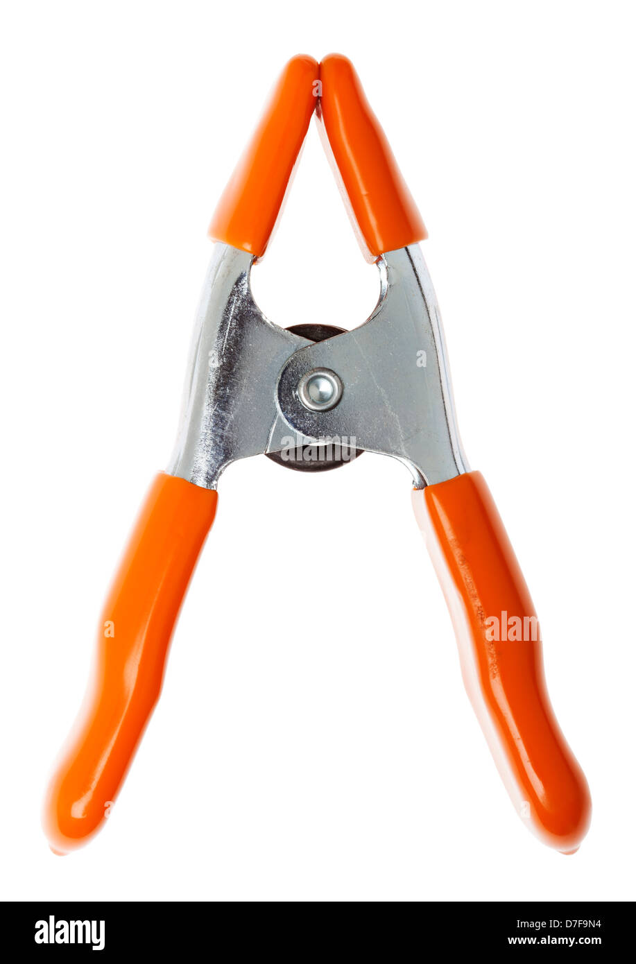 Silver colored metal 'A' clamp with orange plastic covers on its edges and handles. Isolatedon white background. Stock Photo
