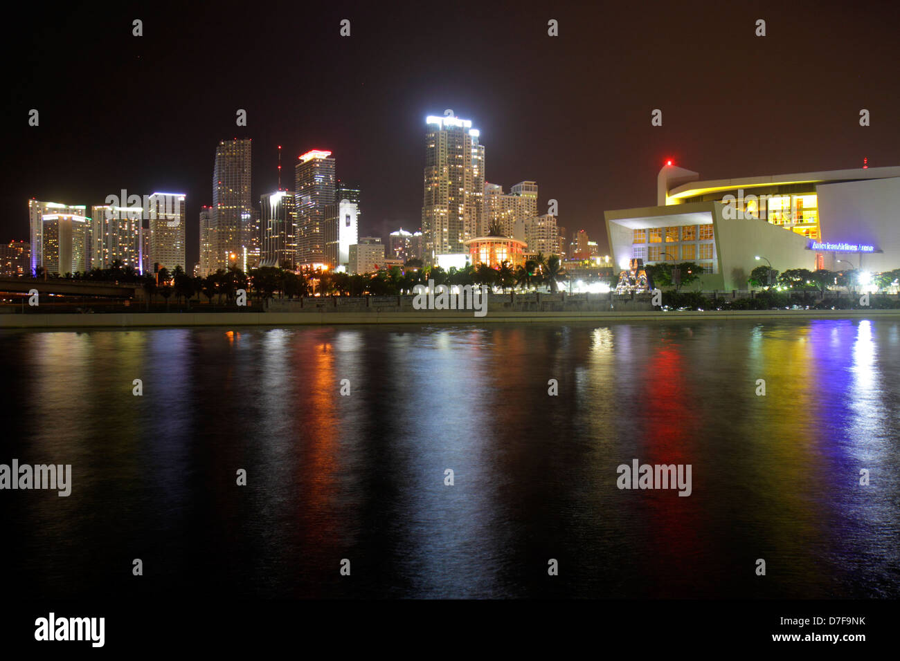 Miami Florida,Government Cut,Biscayne Bay,water,night,downtown city skyline,American Airlines Arena,FL120708099 Stock Photo