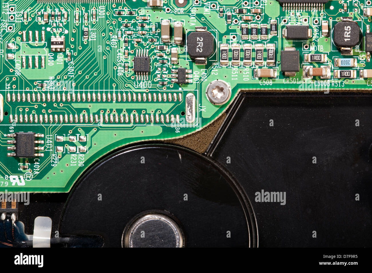 The exterior electronics of a hard drive. Stock Photo
