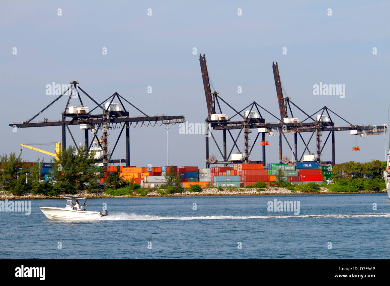 Miami Beach Florida,water,Government Cut,Port of Miami,lift cranes,Atlantic Ocean,water,Biscayne Bay,boat,FL120708118 Stock Photo
