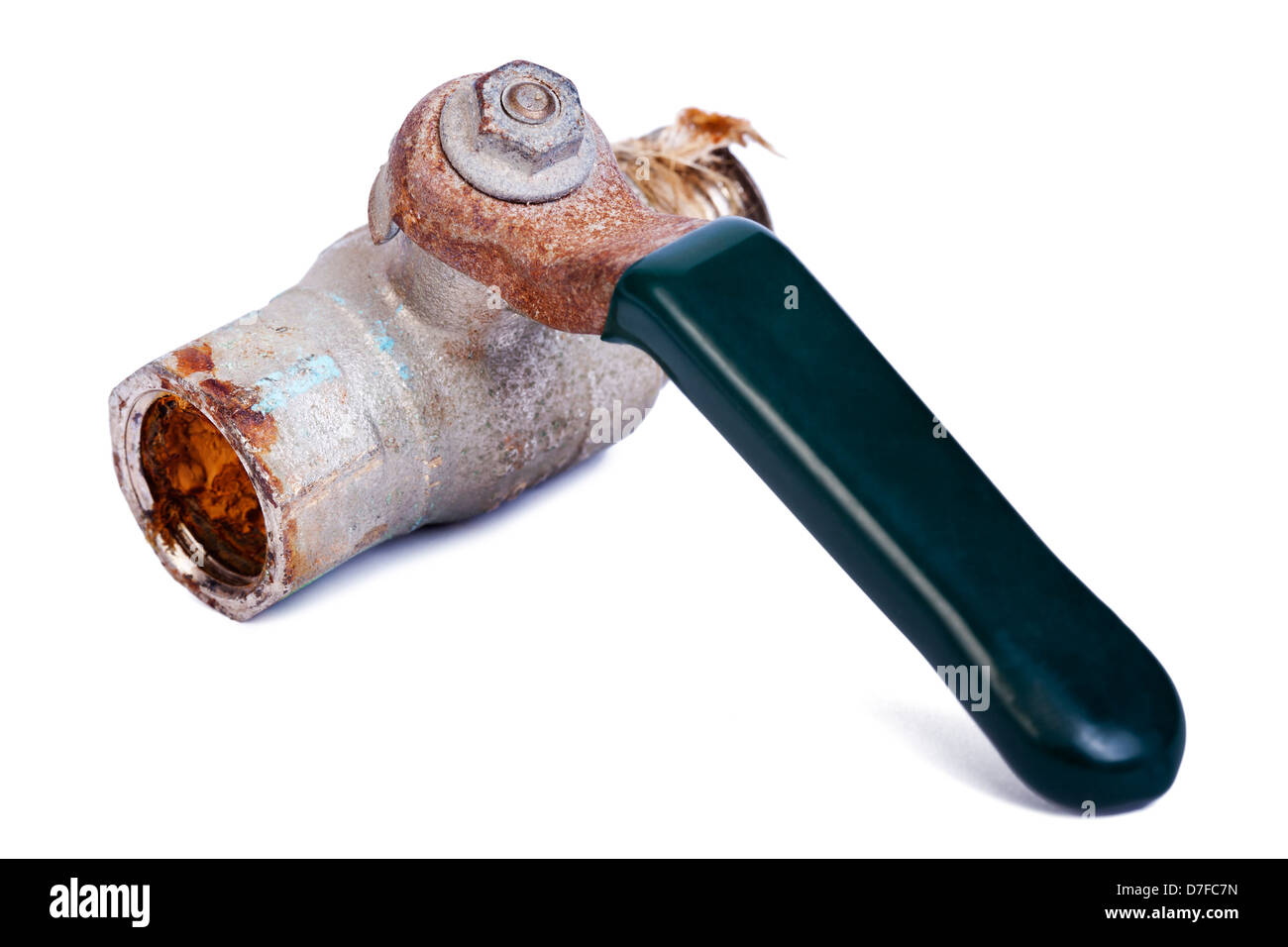 Broken and corroded pipe excerpt with valve, isolated on white