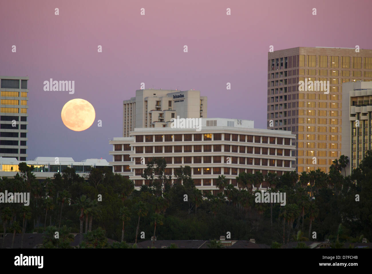 Full moon over Fashion Island, Newport Beach, Orange County, California. Stock Photo