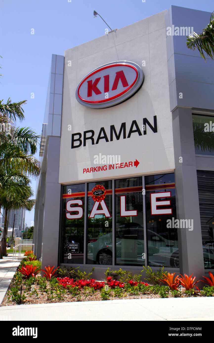 Miami Florida,Braman Kia Dealership,new cars,display case sale,front,outside exterior,car dealer,automobile,import,Korean,FL120815002 Stock Photo