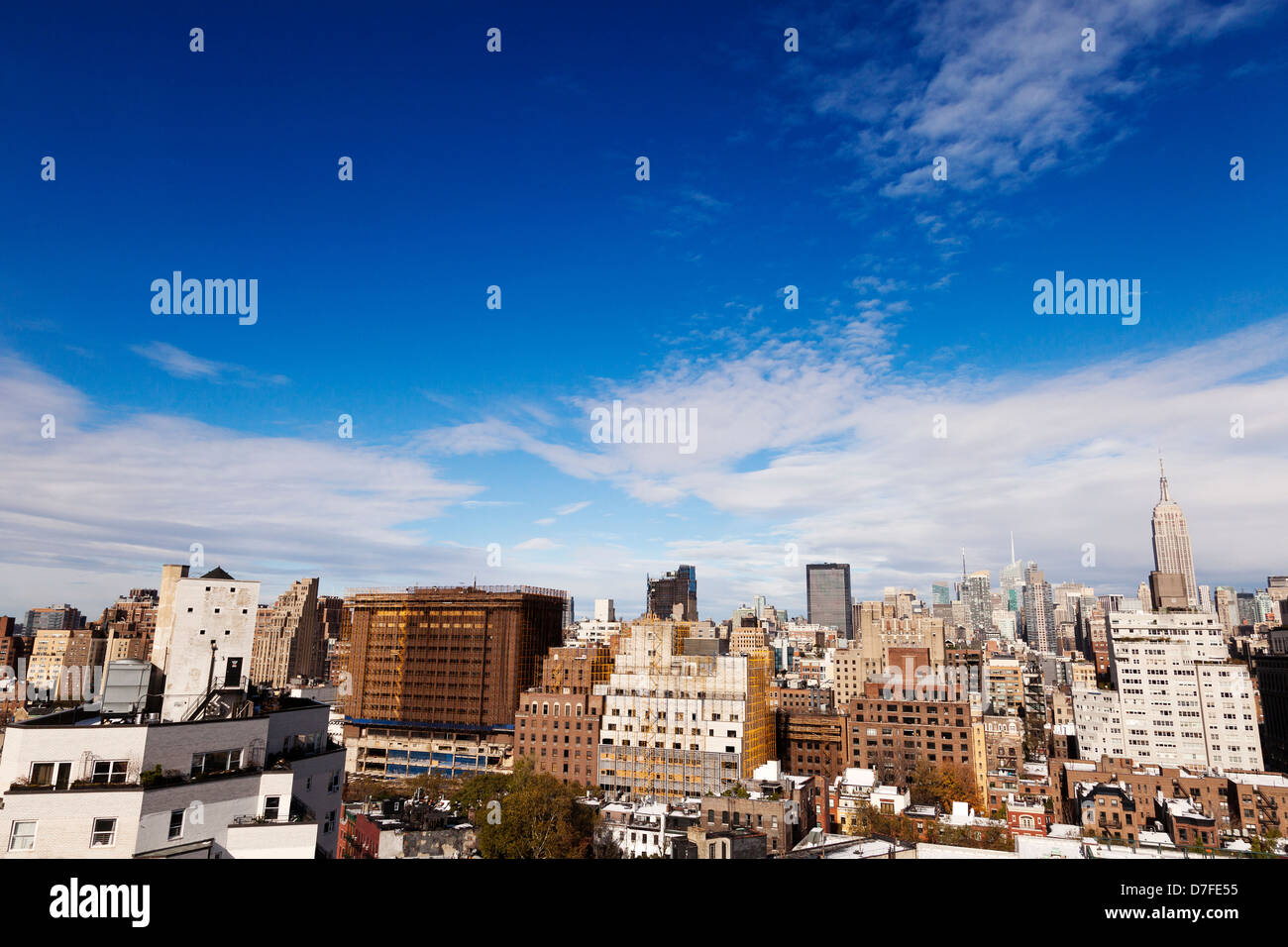 The tight cluster skyscrapers habitating midtown Manhattan famous Empire State Building most prominent Meatpacking district as Stock Photo