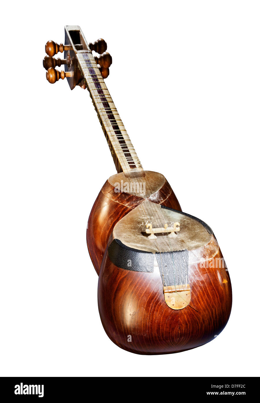 A Persian Tar musical string instrument isolated on white background. Tar is long-necked waisted lute instrument word 'tar' Stock Photo