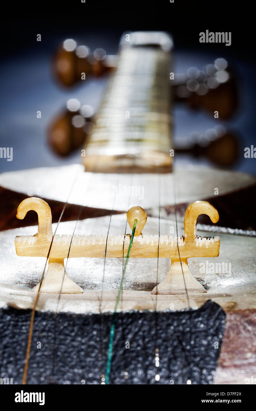 Macro closeup on bridge Persian Tar musical string instrument rest