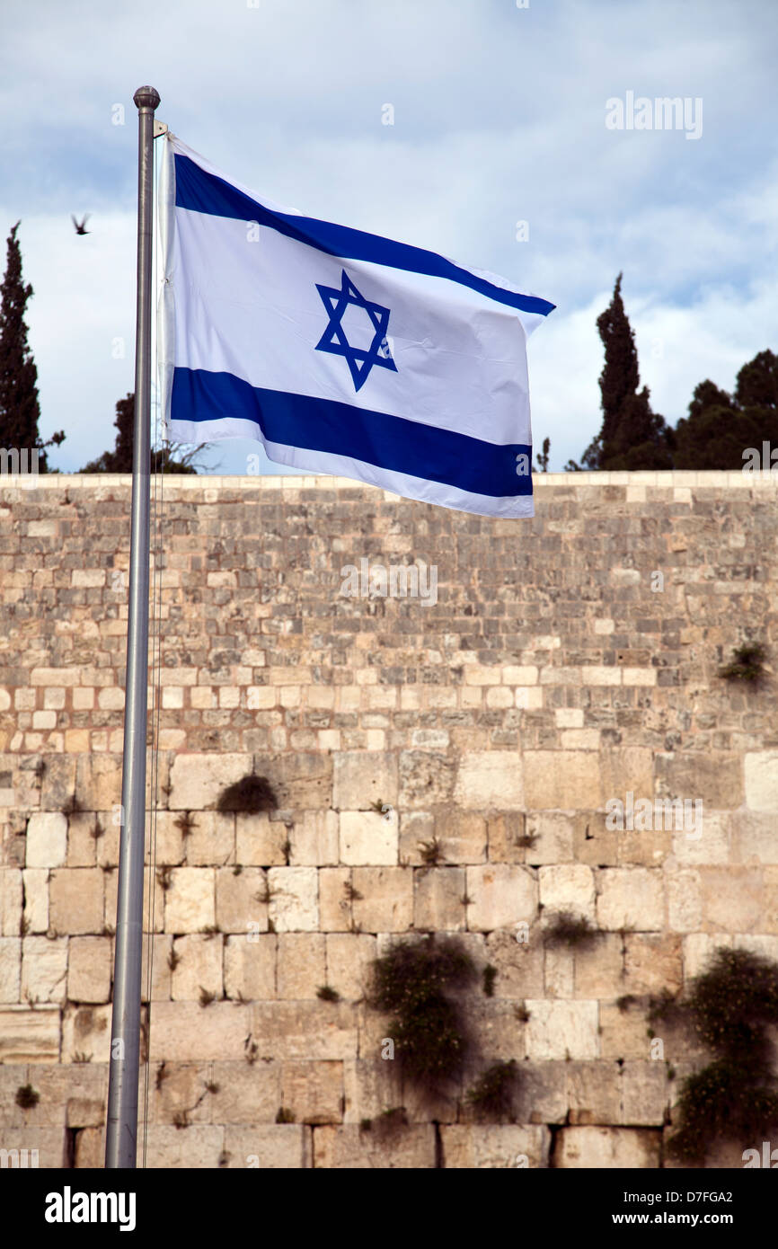 Israel flag fluttering in the wind in front of the holy Wailing Wall ...