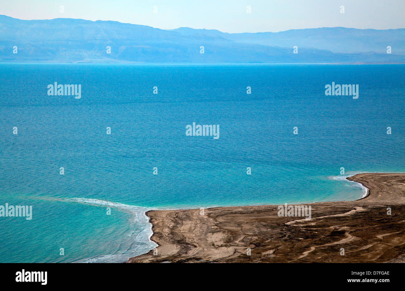 A view at southern part Dead Sea from mountains to its east at morning time. Edom mountains in Jordan can be seen in distance. Stock Photo