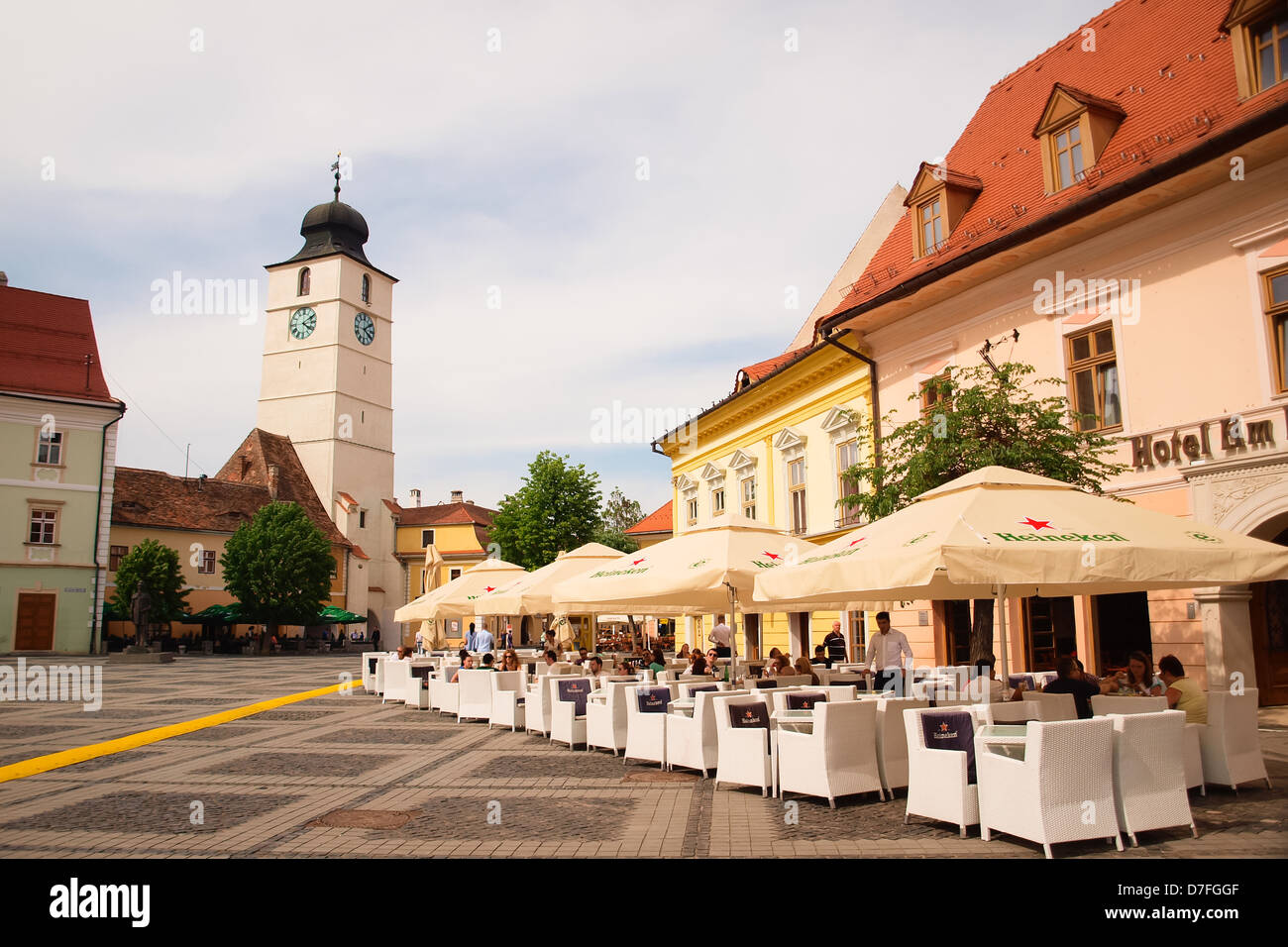 Central Square in Sibiu, Romania, view towards Council Tower. Stock Photo