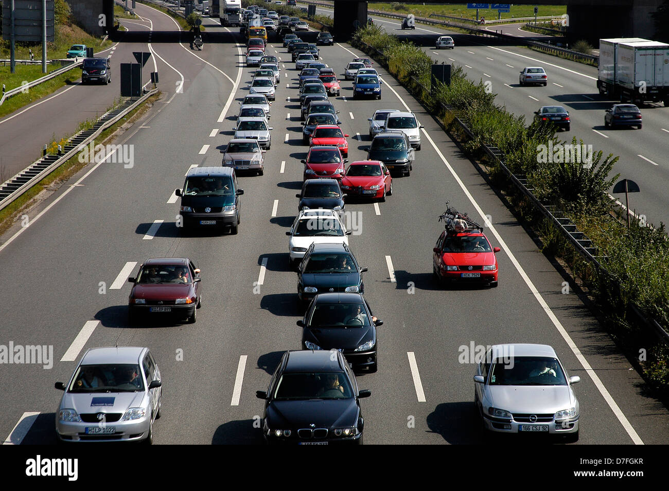 Europe, Germany, Hannover, highway, street, traffic, middle stripe, traffic jam, A2 Stock Photo