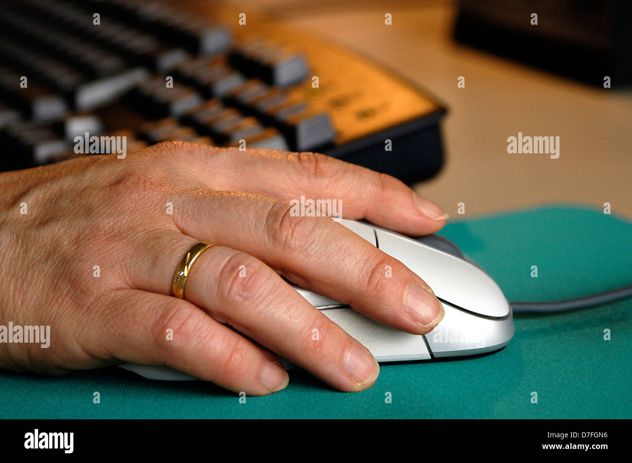 Computer, mouse, hand, keyboard, PC keyboard, hand on mouse Stock Photo