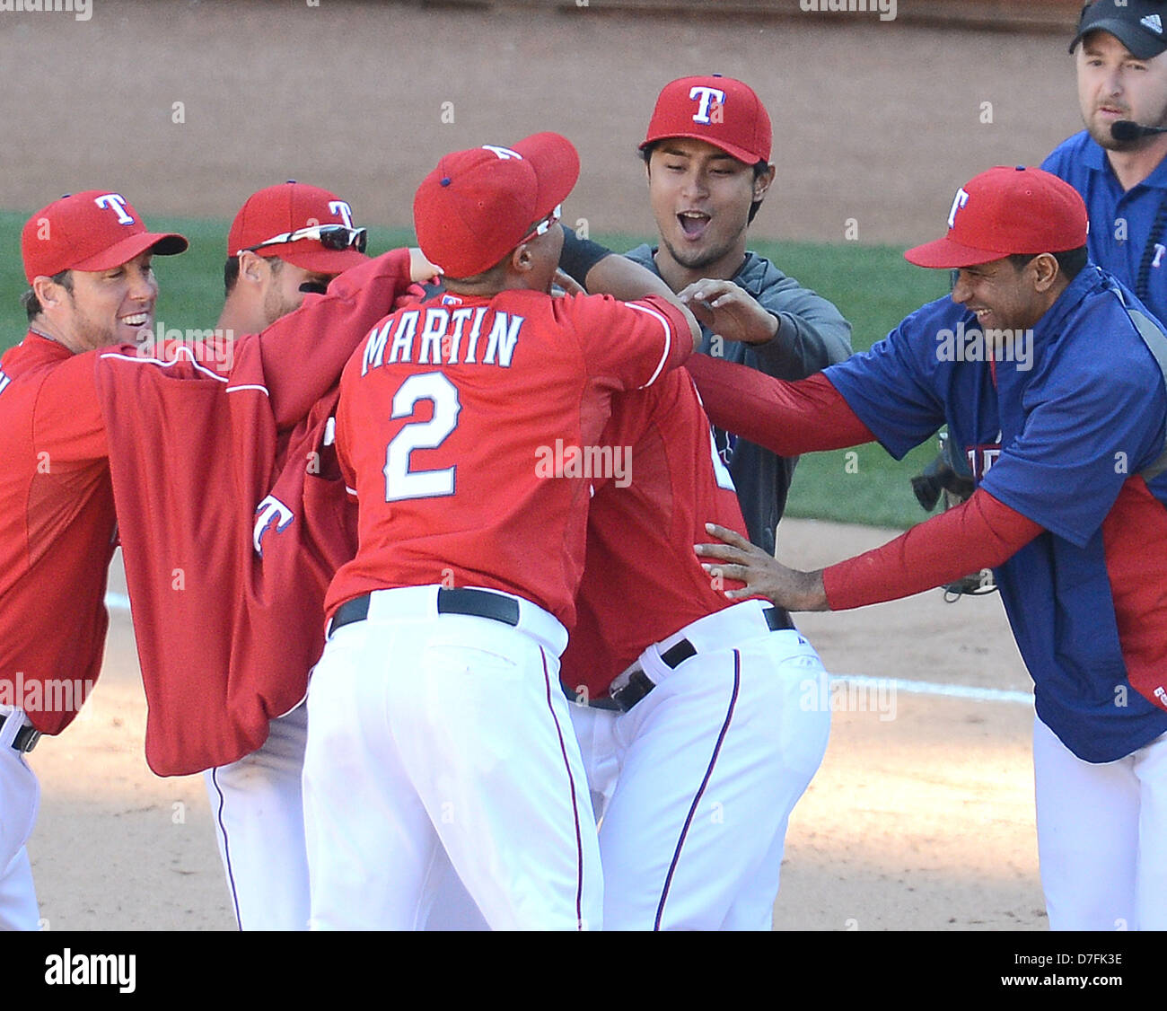 Arlington, Texas, USA. 5th May 2013. Texas Rangers team group, MAY 5, 2013 - MLB : Adrian Beltre of the Texas Rangers celebrates with his teammates including Yu Darvish after hitting a walk off single in the ninth inning during the baseball game against the Boston Red Sox at Rangers Ballpark in Arlington in Arlington, Texas, United States. (Photo by AFLO/Alamy Live News) Stock Photo