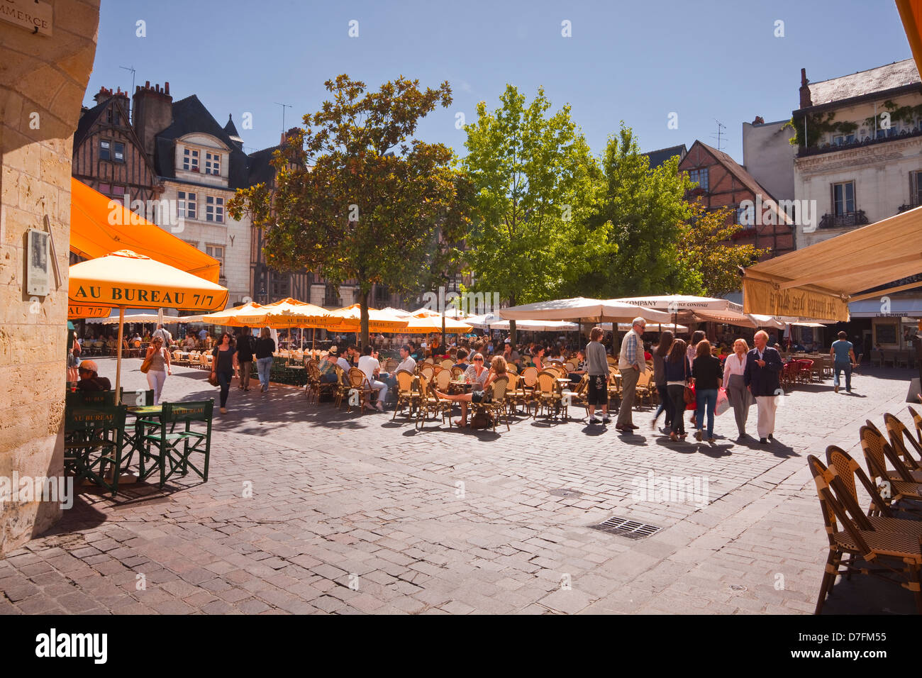 People enjoy the restaurants of Vieux Tours at Place Plumereau. Stock Photo