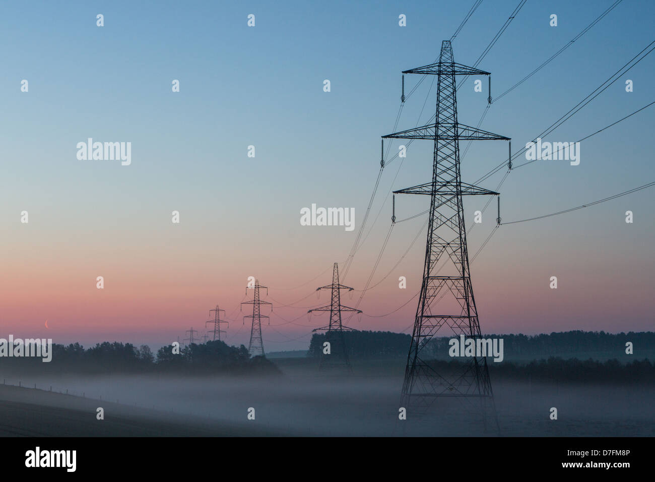 Electricity Pylons seen at dawn in the Scottish Borders Stock Photo