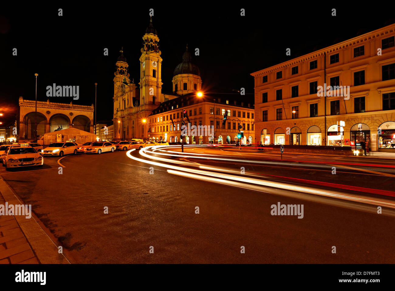 Odeans Place and Theatiner Church at night , Munich Upper Bavaria Germany Stock Photo