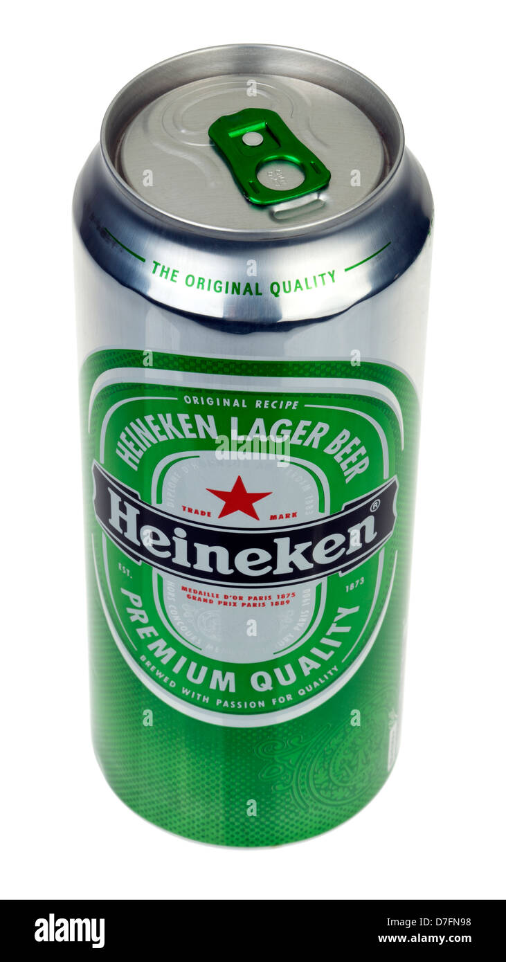 Tel-Aviv Israel - 20th March 2011: 0.5 liter can Heineken Lager beer isolated on white background. Shot from high angle. Stock Photo