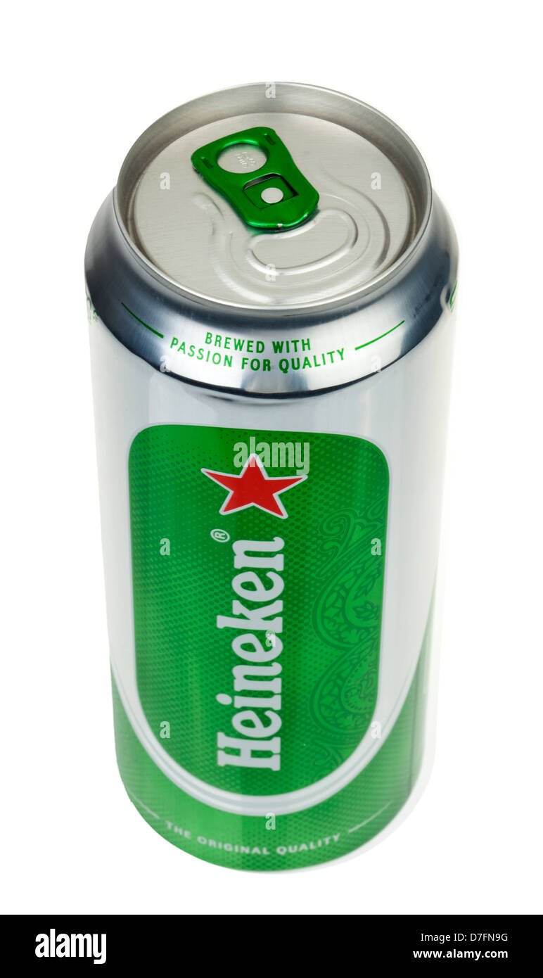 Tel-Aviv Israel - 20th March 2011: 0.5 liter can Heineken Lager beer isolated on white background. Shot from high angle. Stock Photo