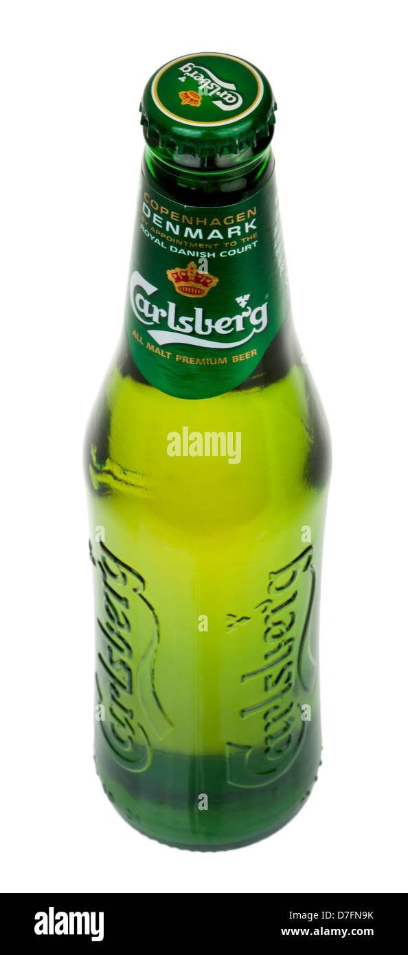 Tel-Aviv Israel - 20th March 2011: 0.33 liter bottle cold Carlsberg beer isolated on white background. Carlsberg is pale lager Stock Photo