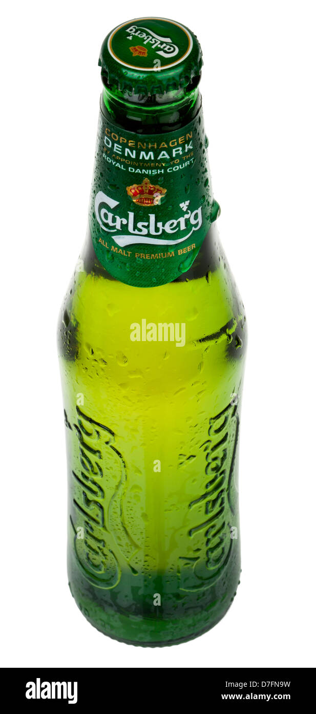 Tel-Aviv Israel - 20th March 2011: 0.33 liter bottle cold Carlsberg beer sweating drops water isolated on white background. Stock Photo