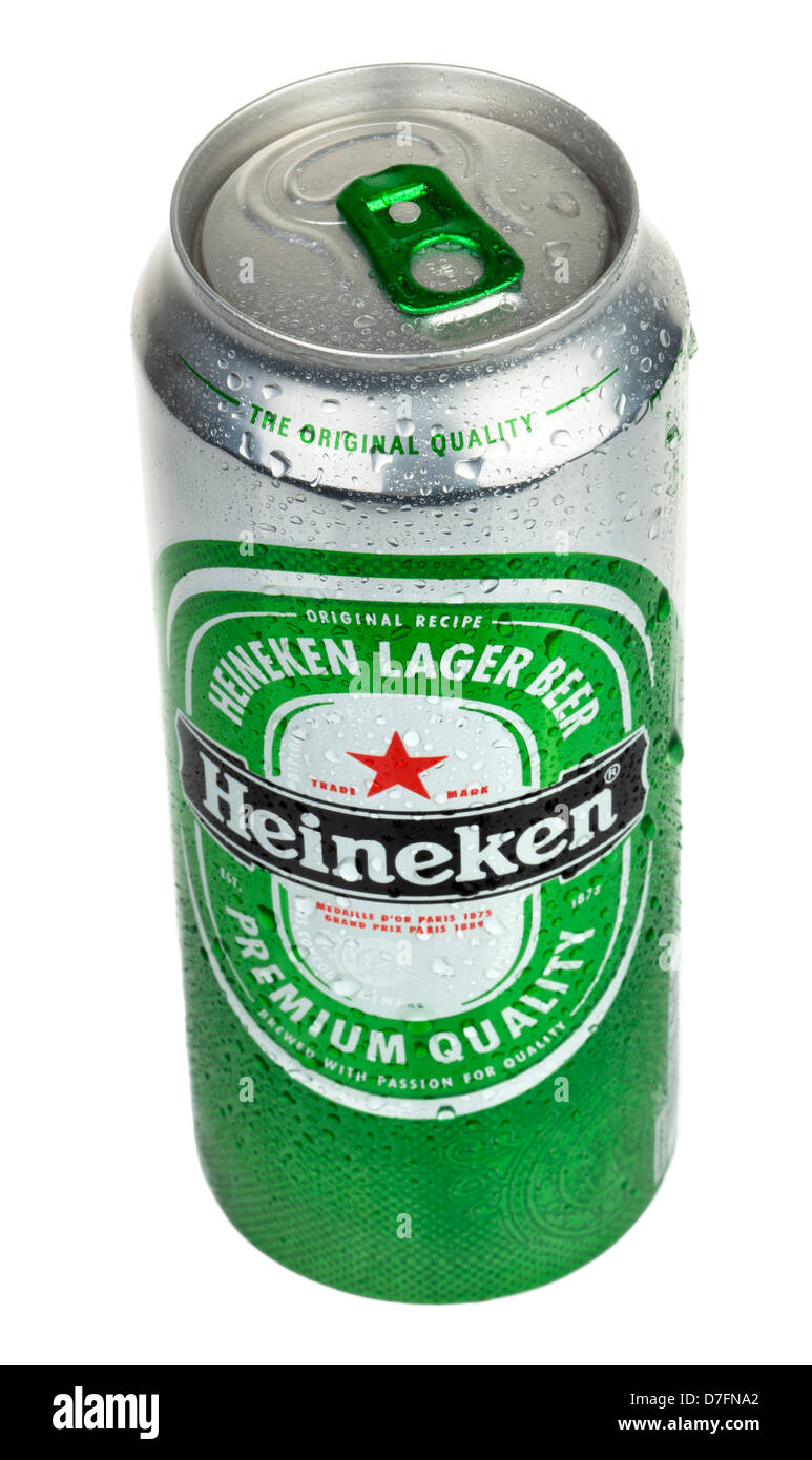 Tel-Aviv Israel - 20th March 2011: 0.5 liter can chilled Heineken Lager beer sweating drops water isolated on white background. Stock Photo