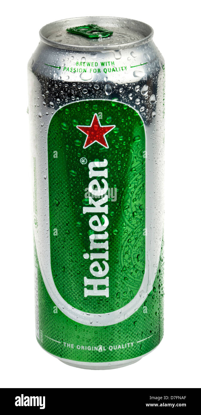 Tel-Aviv Israel - 20th March 2011: 0.5 liter can chilled Heineken Lager beer sweating drops water isolated on white background. Stock Photo