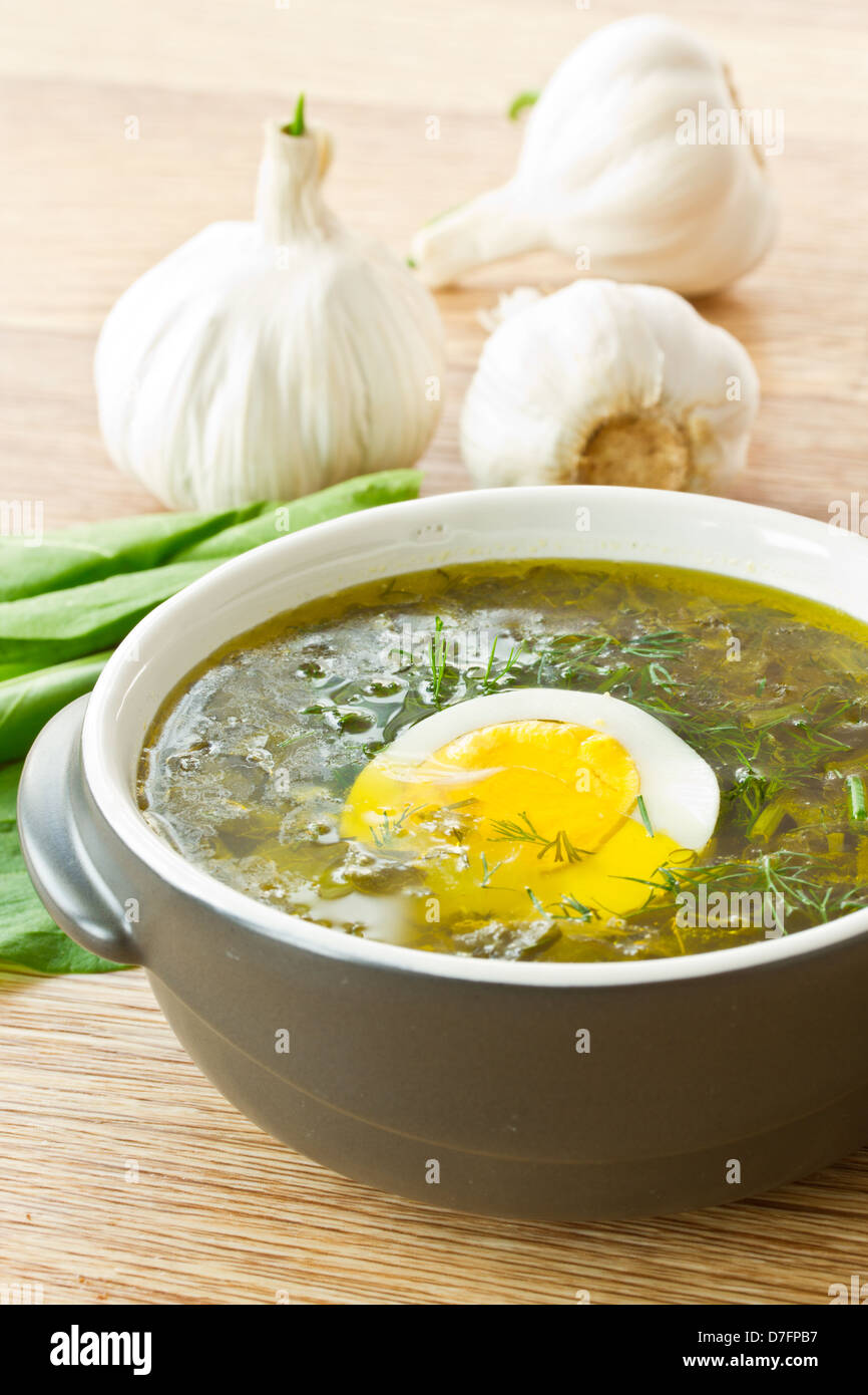 Sorrel soup with egg and greens in a plate Stock Photo