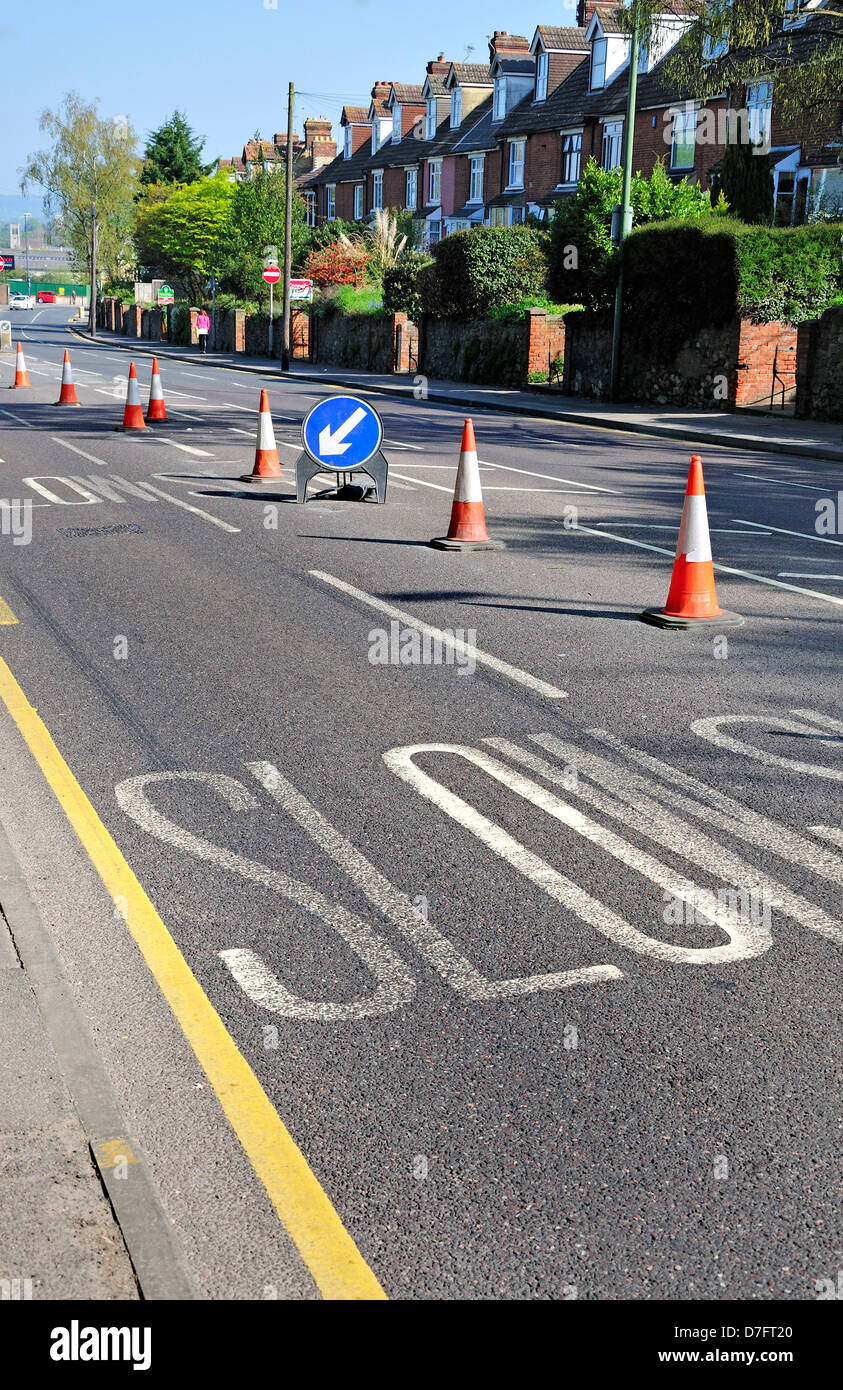 Maidstone, Kent, England, UK. Road signs and markings. Slow / keep left Stock Photo