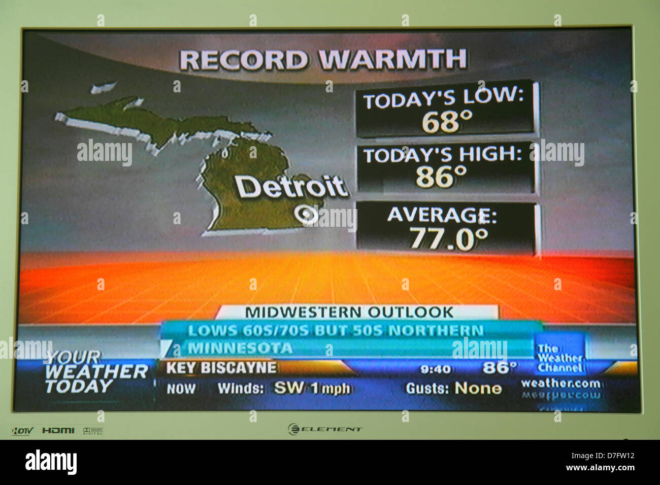 Miami Beach Florida,TV,television,set,screen,flat panel,HDTV,monitor,The Weather Channel,weather.com,website,web site,extreme heat,waves,water,record Stock Photo