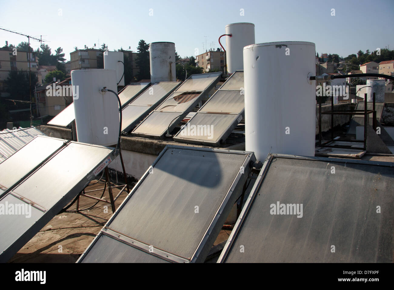 solar water heaters in safed Stock Photo