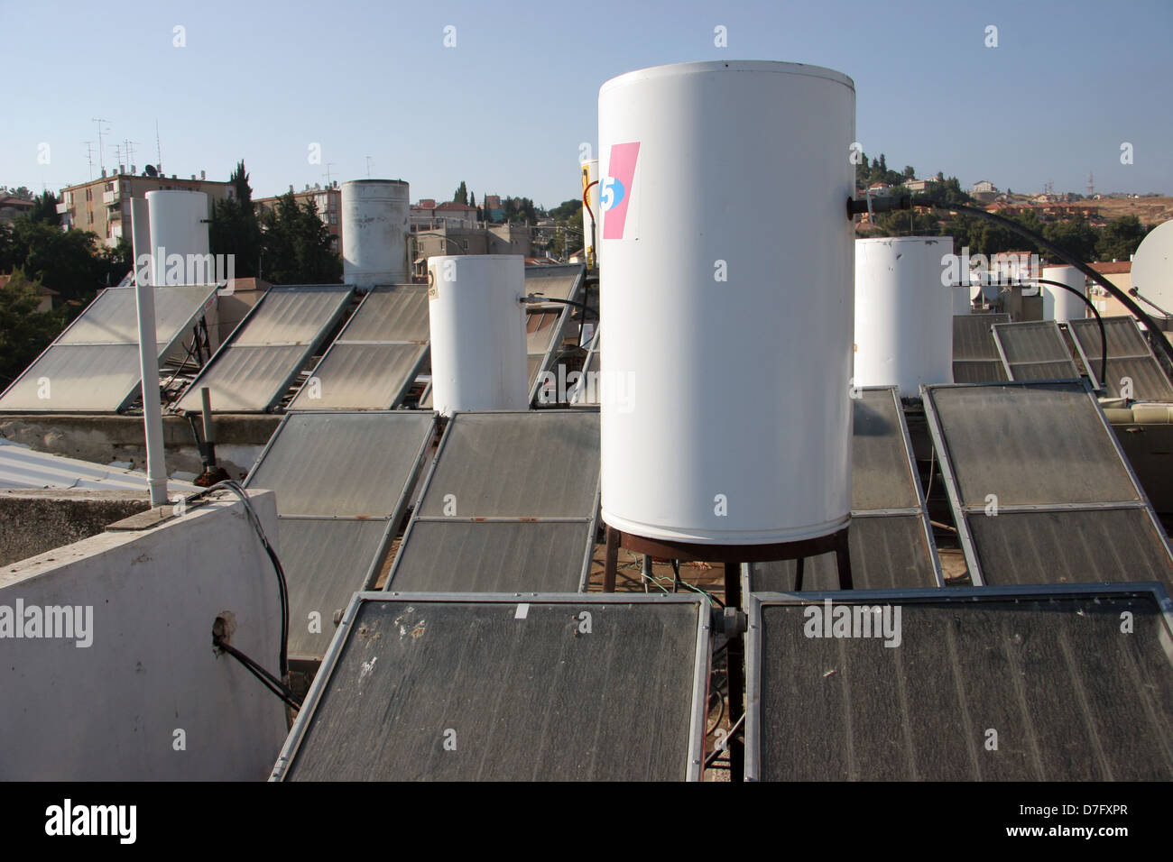 solar water heaters in safed Stock Photo