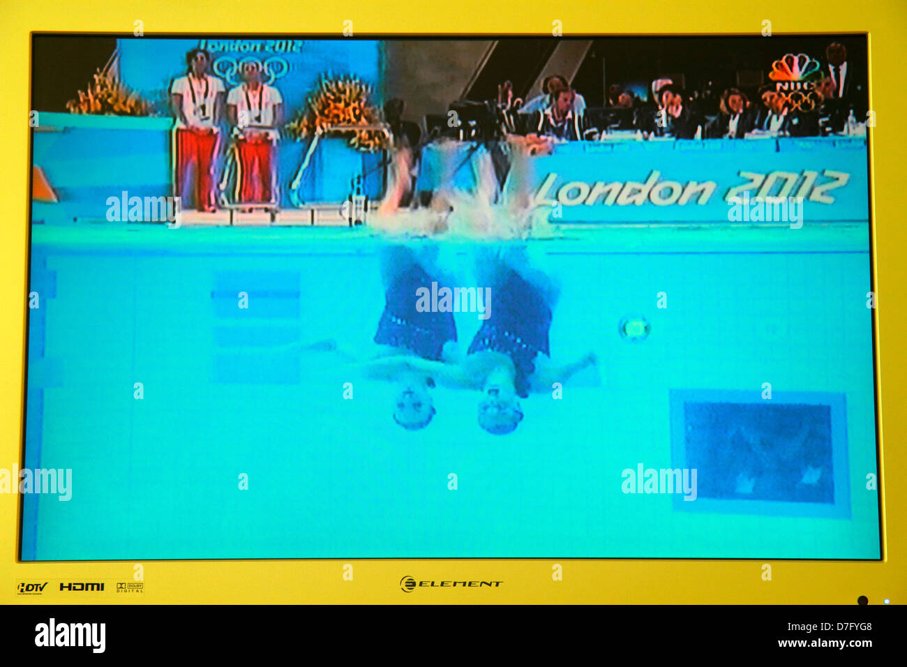 Miami Beach Florida,TV,television,set,screen,flat panel,HDTV,monitor,NBC,London 2012 Olympics,women's,synchronized swimming,visitors travel traveling Stock Photo