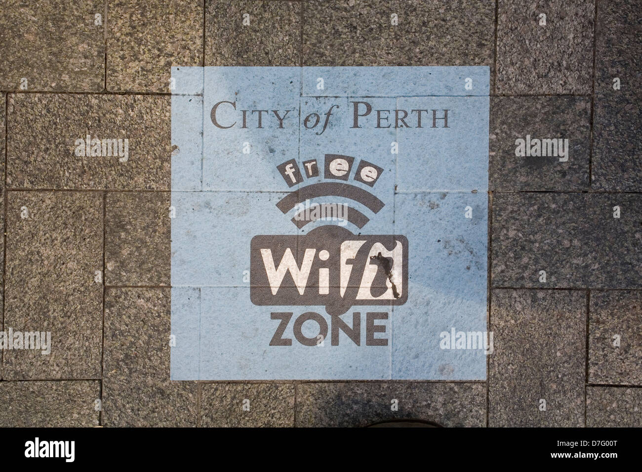 Free Wifi zone symbol on the footpath in the center of Perth, Western Australia. Stock Photo