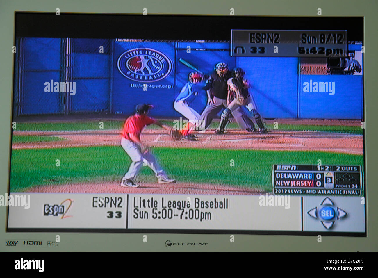 Miami Beach Florida,TV,television,set,screen,flat panel,HDTV,monitor,ESPN,ESPN2,sports channel,Little League Baseball,pitcher,batter,catcher,umpire,ga Stock Photo