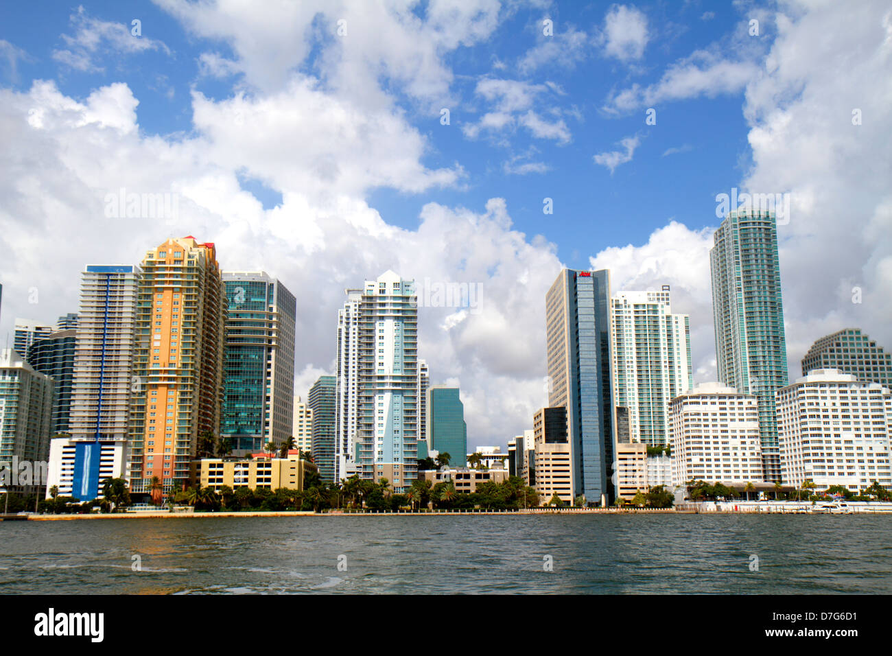 Miami Florida,city skyline,Brickell Financial District,Biscayne Bay,water,sky,clouds,high rise skyscraper skyscrapers building buildings condominium r Stock Photo
