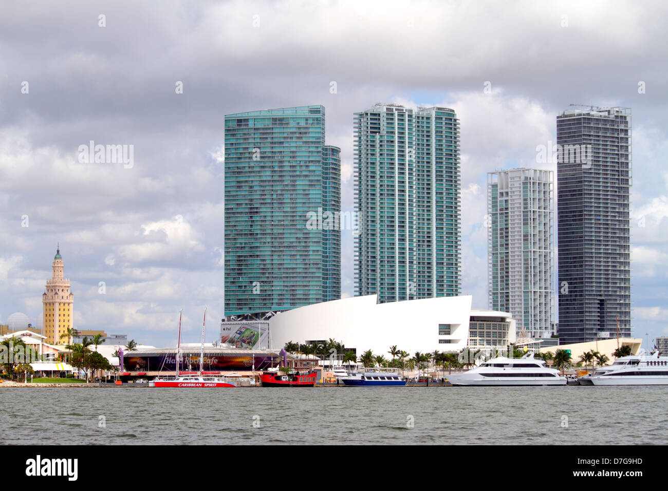 Miami Florida,Biscayne Boulevard,city skyline,Biscayne Bay,Intracoastal water,high rise skyscraper skyscrapers building buildings condominium resident Stock Photo
