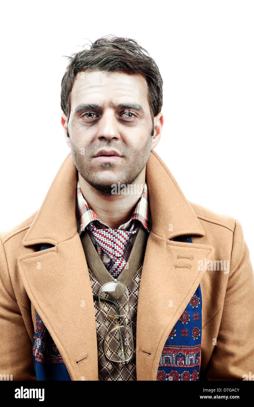 Studio portrait young adult man (mid 20's) wearing old-man clothes makeup  giving camera tired/exhausted/sad/depressed/numb Stock Photo - Alamy