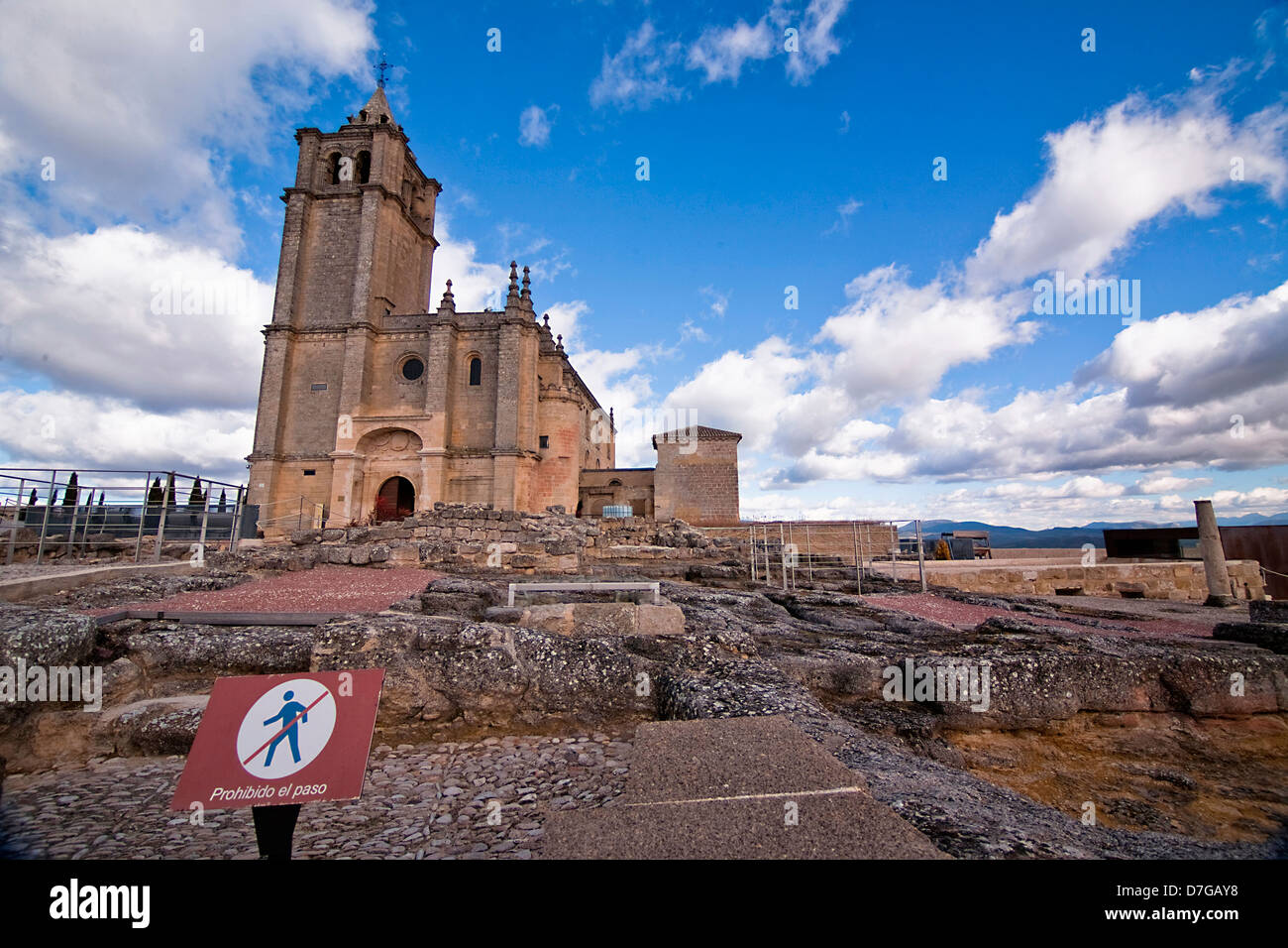 View of the archaeological site and Abbey church. La Mota castle. Alcala la Real. Jaen Stock Photo