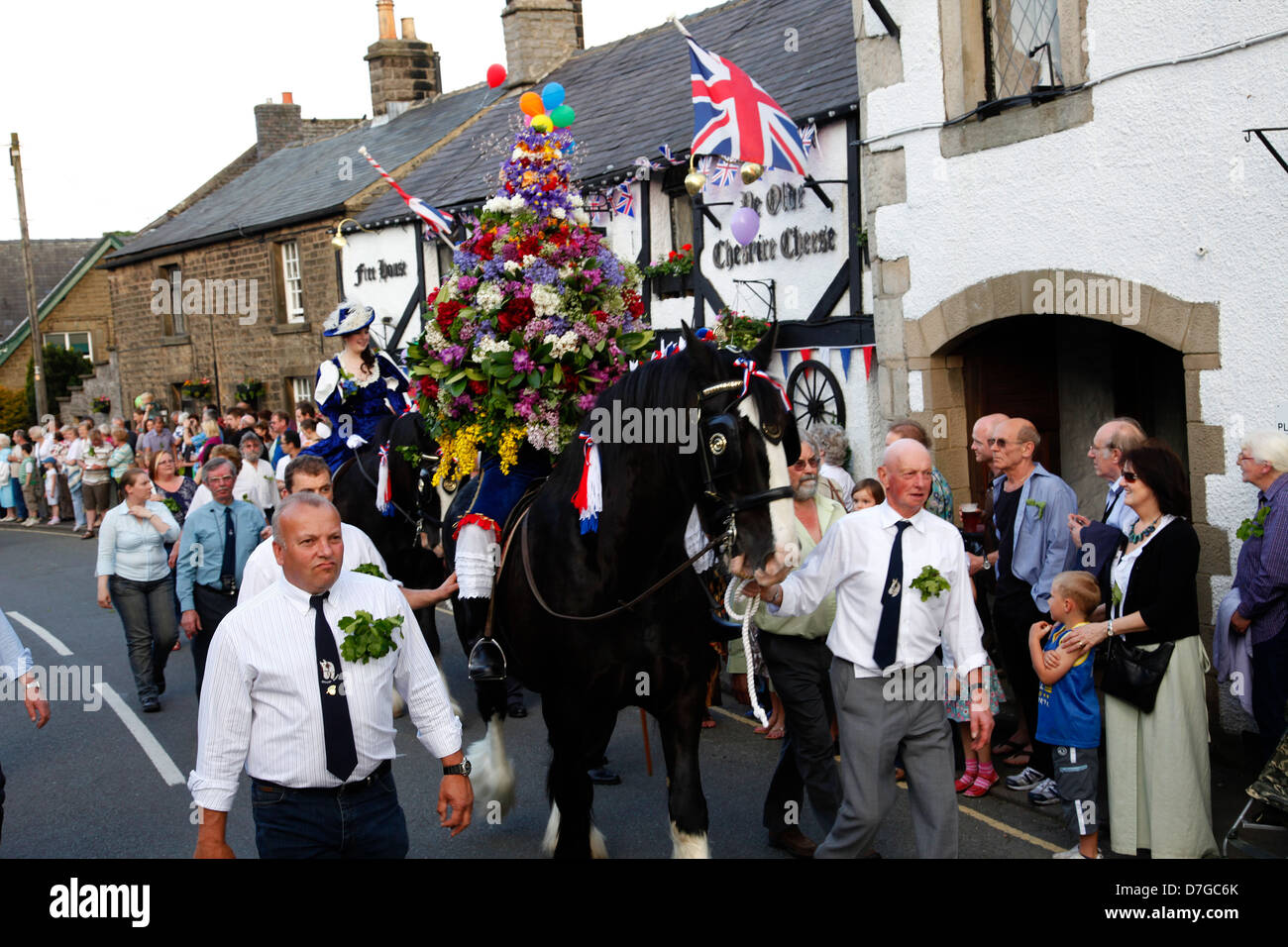 Traditional Oak Apple Day procession, Castleton,Derbyshire,England Stock Photo