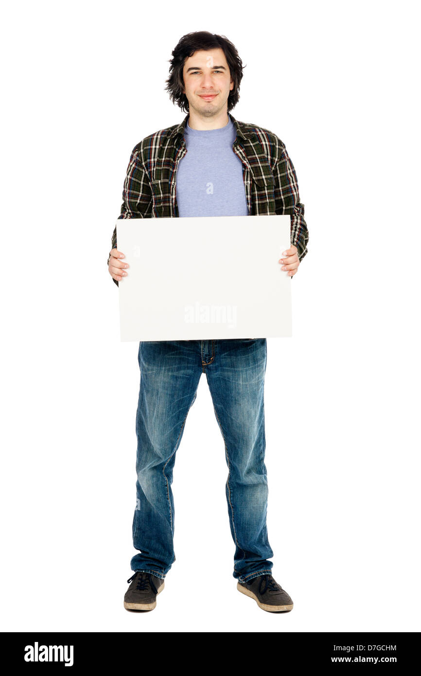 casual attire holding large blank white 