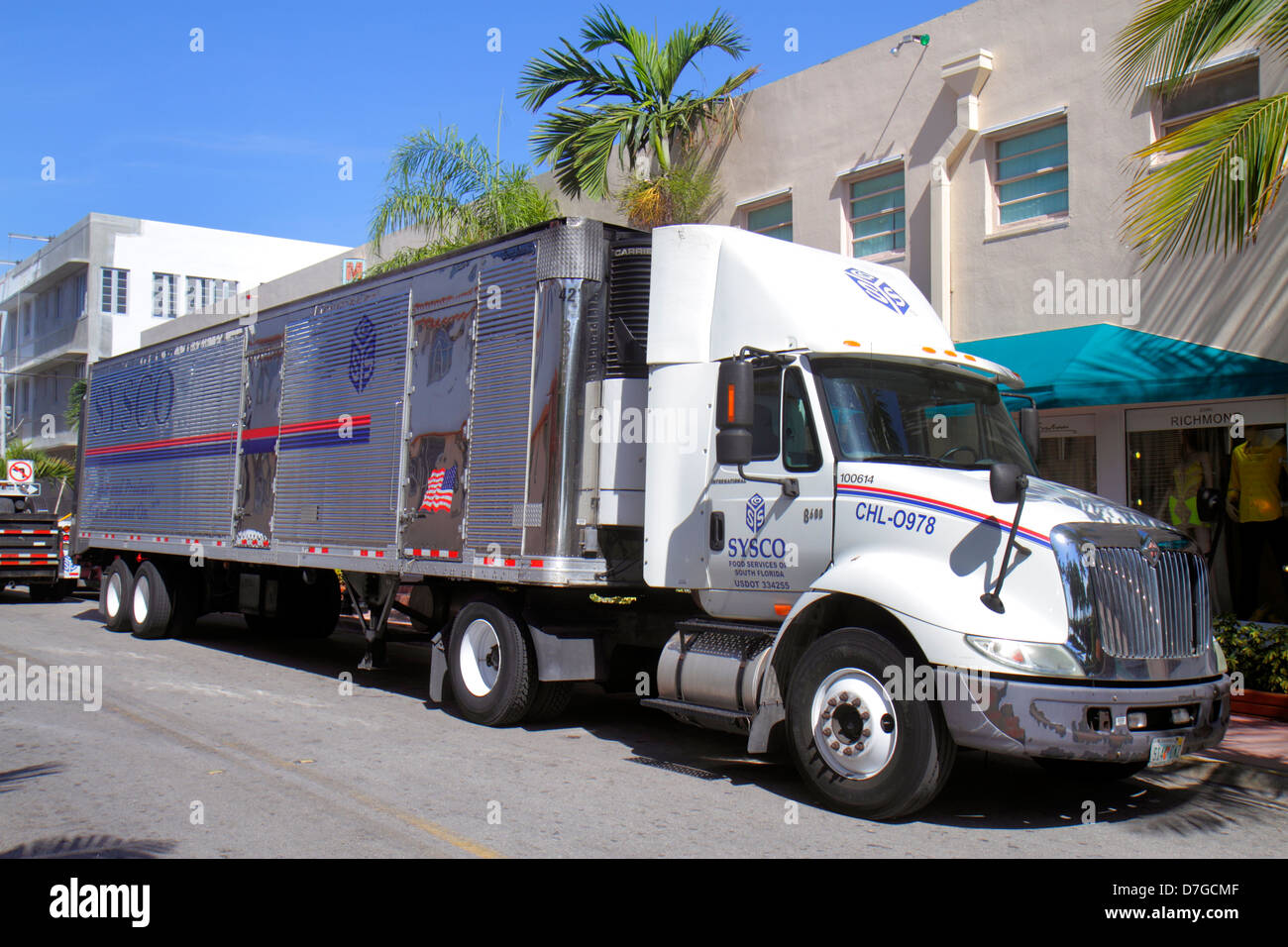 Miami Beach Florida,Collins Avenue,truck,lorry,18 wheeler,tractor trailer,Sysco Food Services,visitors travel traveling tour tourist tourism landmark Stock Photo
