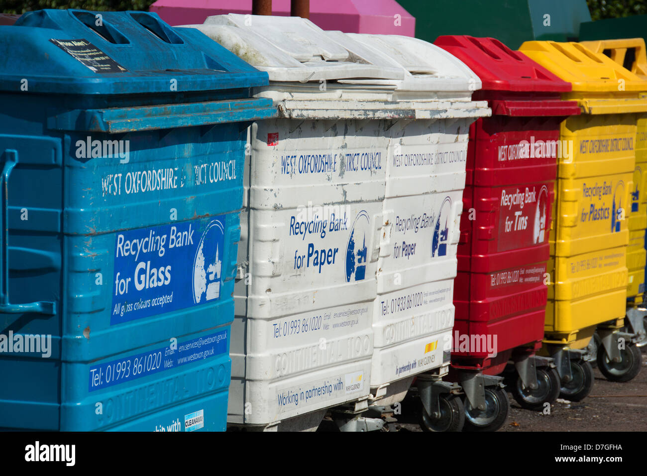 A public recycling bank, with colourcoded bins for different materials (glass, paper, tin