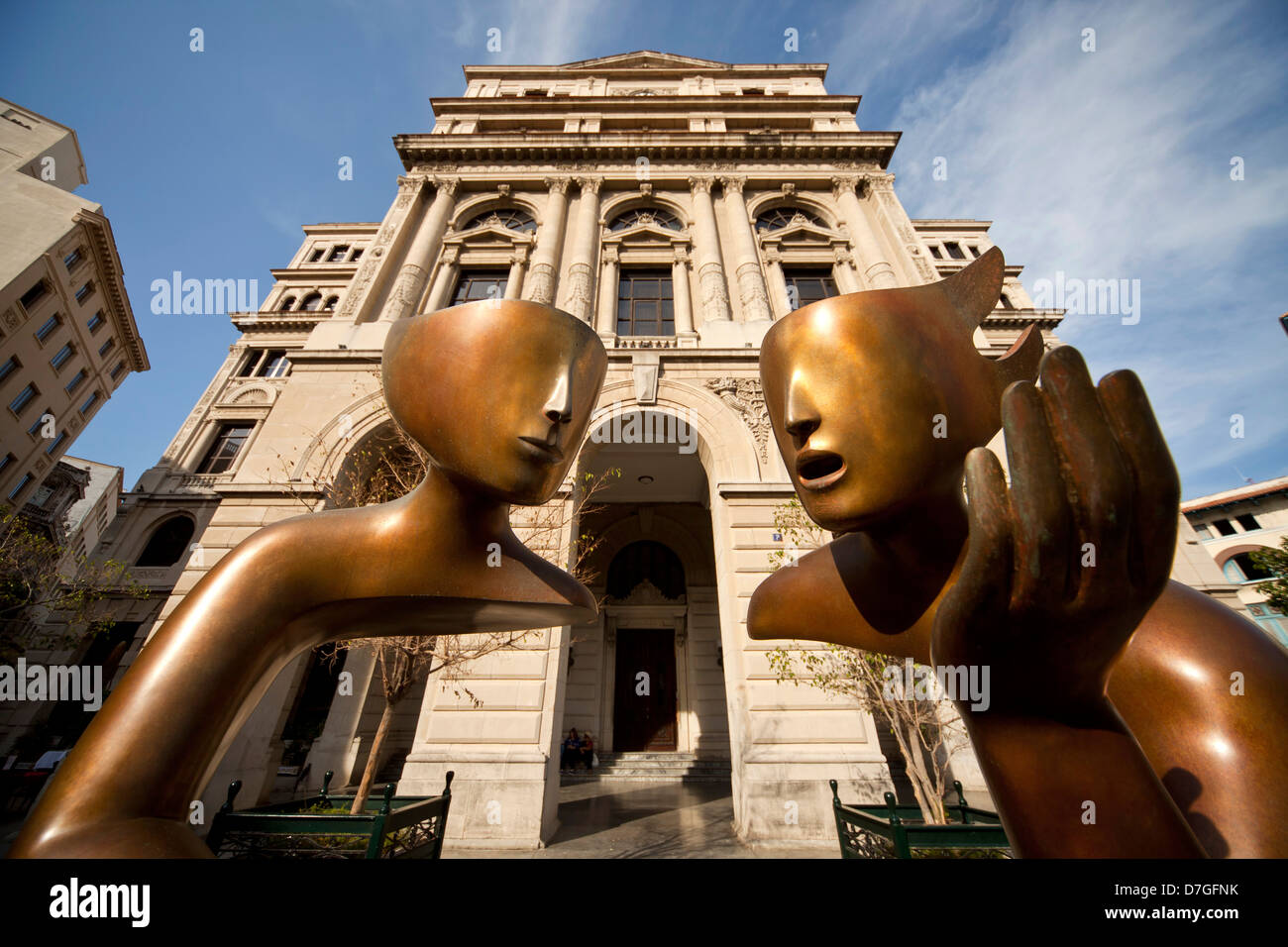 modern art in front of the former Havana Stock Exchange or Lonja del Comercio building on Plaza de San Francisco in Havana, Cuba Stock Photo
