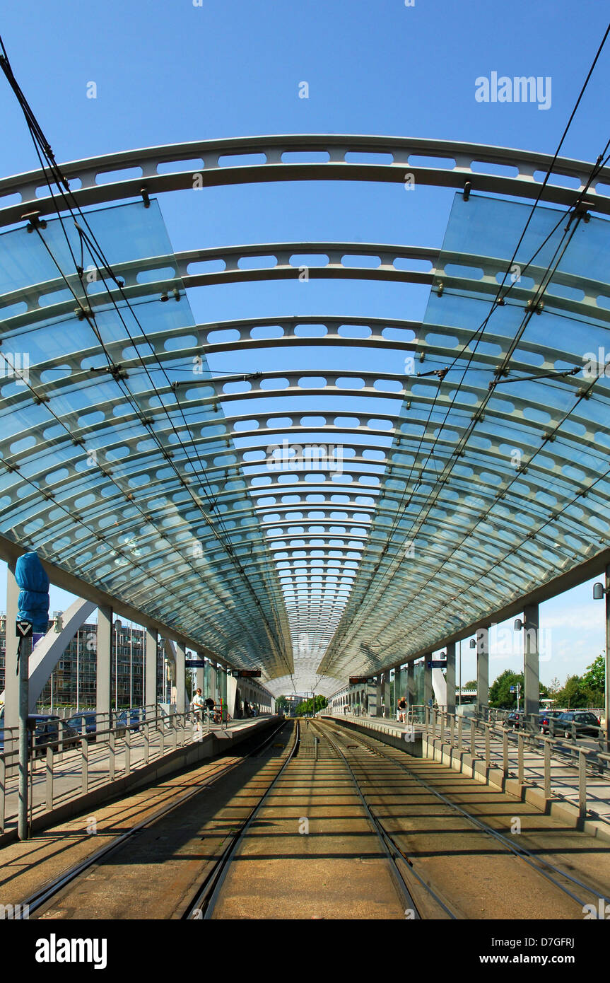 Germany, Lower Saxony, Hannover, Noltemeyer bridge, unique bridge with streetcar stop Stock Photo