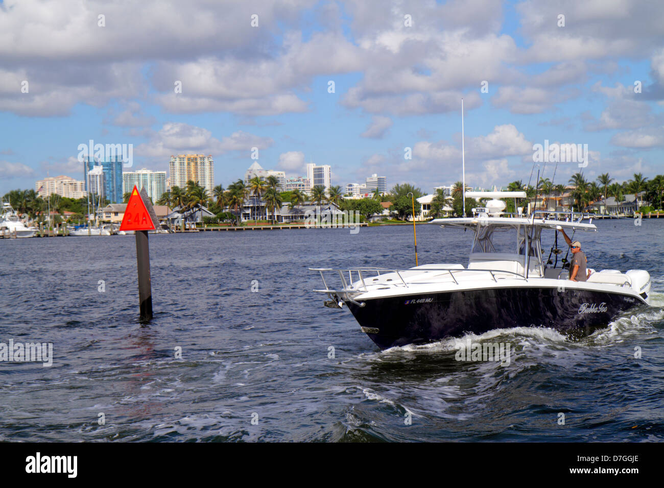 Florida Ft. Fort Lauderdale,Intracoastal boat,city skyline cityscape